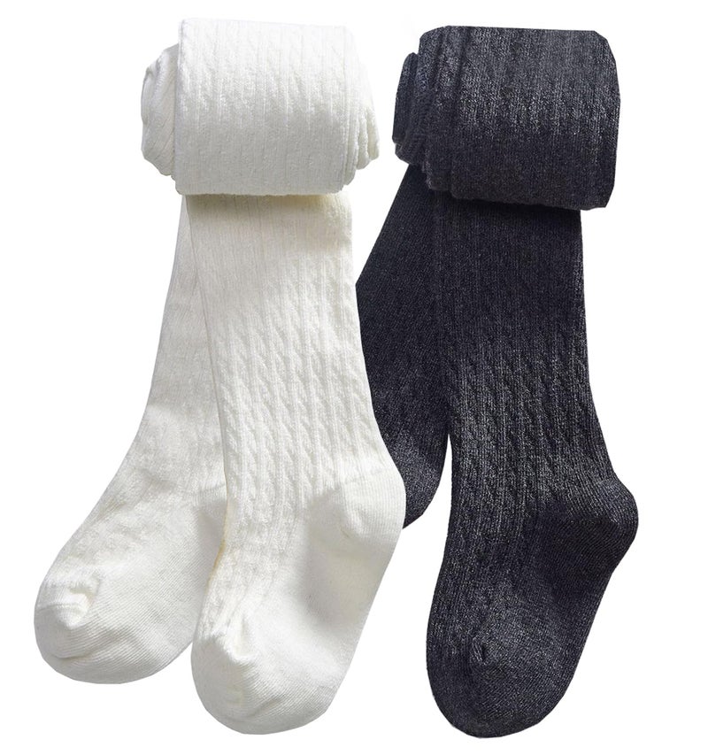 CHUNG Toddlers Little Girls Autumn Winter Cotton Footed Tights Stretchy Soft School Leggings Stockings,5-6Y,2pk Charcoal+White - Image 1